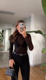 Stoned Stand Collar Transparent Blouse - Black