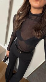 Stoned Stand Collar Transparent Blouse - Black - Image 2