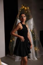 Top Sequin Bottom Poplin Dress -Black - Image 3