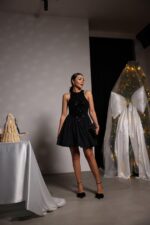 Top Sequin Bottom Poplin Dress -Black