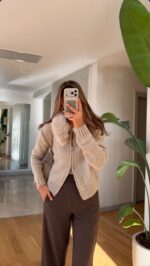 Fur Hooded Zippered Cardigan - Beige
