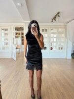 Astral Black Draped Zero Sleeve Skirt Lace Velvet Dress