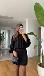 Satin Dress with Sleeves - Black