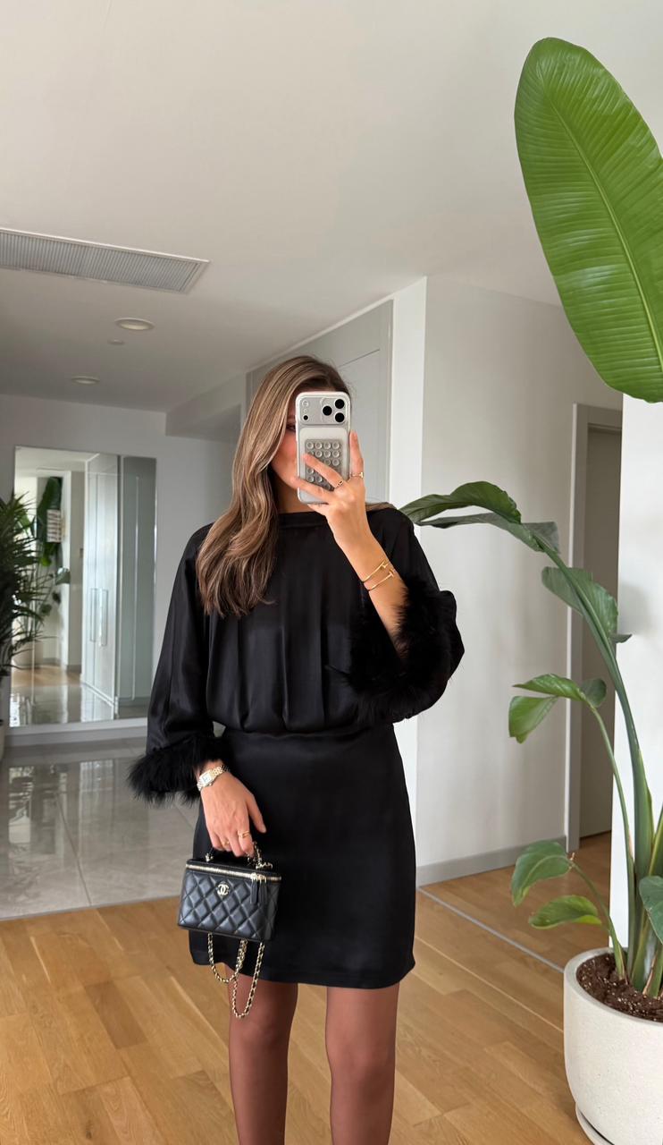b48d1028-c283-441a-a14a-12afd65924ac Satin Dress with Sleeves - Black - Image 1
