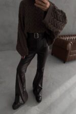 Lycian Spanish Leg Bitter Brown Belted Leather Trousers - Image 2