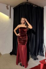 Demeter Claret Red Strapless Tulle Detailed Dress