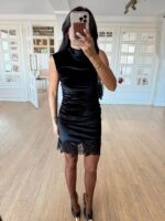 Astral Black Draped Zero Sleeve Skirt Lace Velvet Dress - Image 2