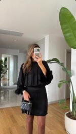 Satin Dress with Sleeves - Black - Image 2