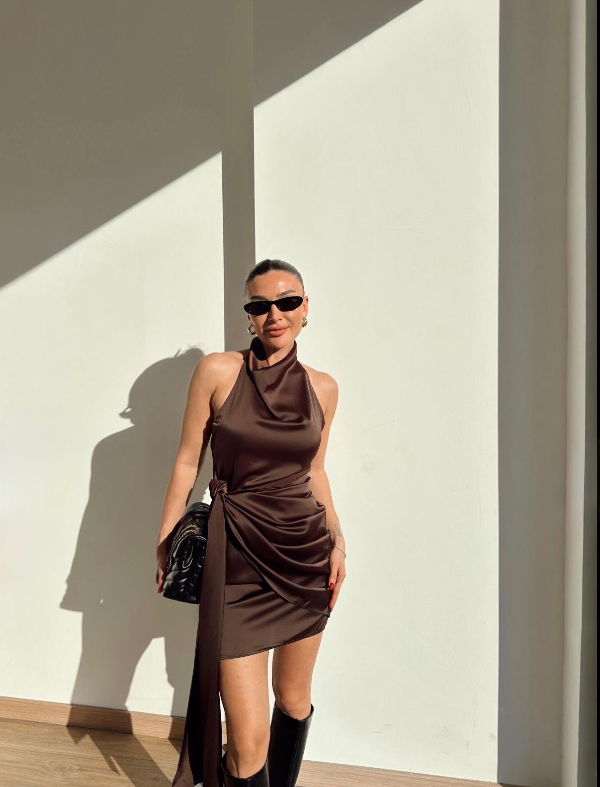 d1dbb304-f723-448e-858a-5806d1e9377f Backless Tied Satin Mini Claret Brown Dress - Image 1