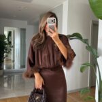 Satin Dress with Sleeves - Brown