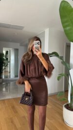 Satin Dress with Sleeves - Brown