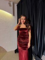 Demeter Claret Red Strapless Tulle Detailed Dress - Image 3