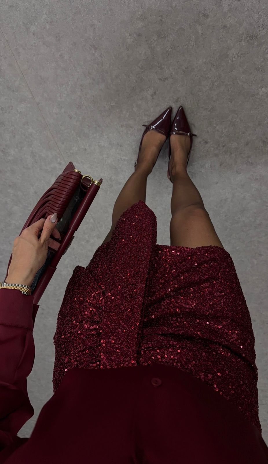 f5f75bd2-31e9-49c1-a38a-227dea313082 Tied Claret Red Sequined Skirt - Image 1