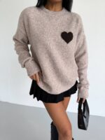 Beige Heart Patch Knit Sweater - Image 2