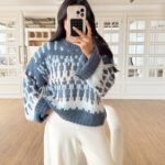 Blue and White Patterned Knit Sweater