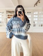 Blue and White Patterned Knit Sweater