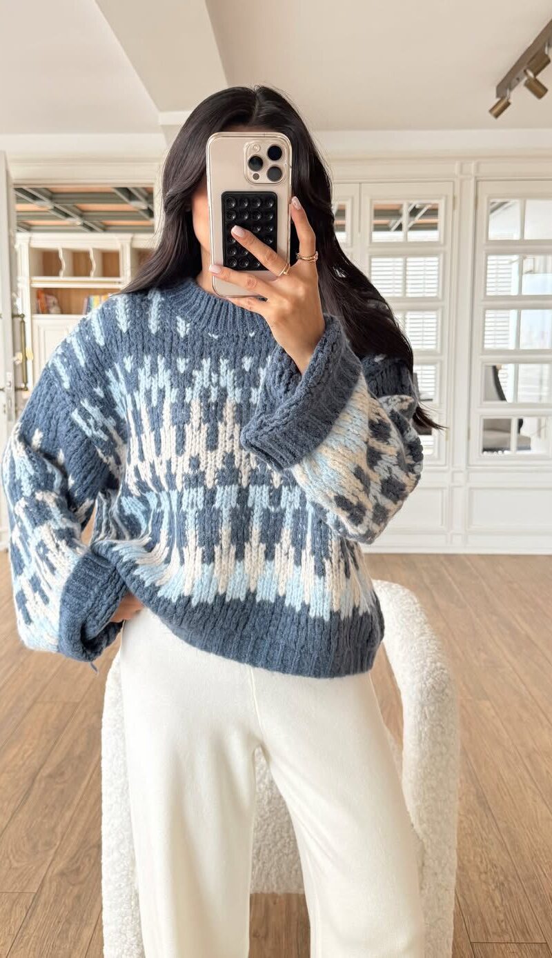 Blue and White Patterned Knit Sweater