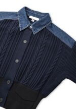 Navy Cable Knit Cardigan With Denim Details - Image 2