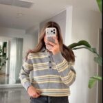 Cora Polo Collar Striped Sweater - Gray