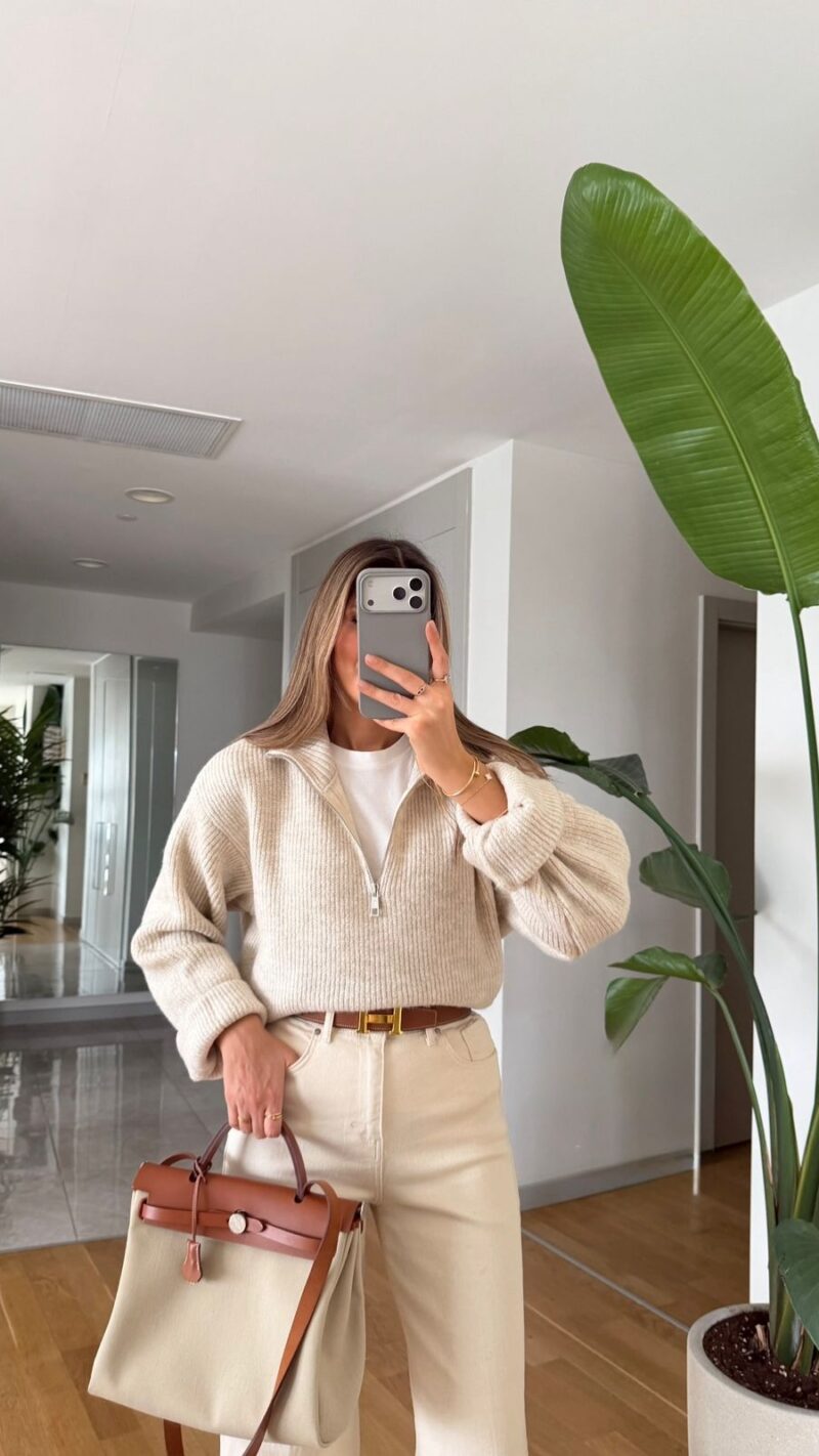 Beige Half Zip Knit Sweater