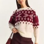 Burgundy and White Knit Pattern Sweater