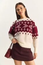 Burgundy and White Knit Pattern Sweater