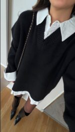 Layered Knit Shirt Dress – Black - Image 2