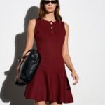 Sleeveless Burgundy Button-Front Flare Dress