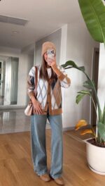Ivo Baklava Patterned Cardigan - Camel-Ecru