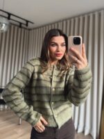 Green Striped Button-Up Knit Sweater