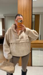 Beige Fleece Half Zip Pullover Sweater - Image 2