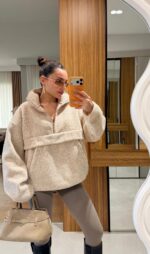 Beige Fleece Half Zip Pullover Sweater