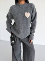 Grey Heart Patch Knit Sweater - Image 3