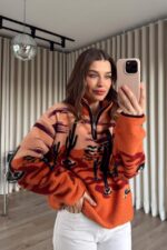 Orange Desert Print Fleece Pullover Sweater