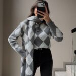 Gray Argyle Knit Sweater With Scarf