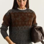 Women's Grey and Brown Patterned Sweater