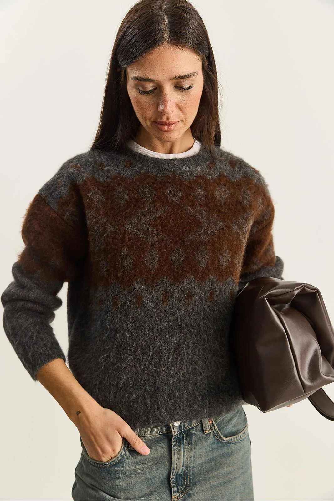 4605aa14-980f-4752-bfd9-5fd9bacface2 Women's Grey and Brown Patterned Sweater - Image 1