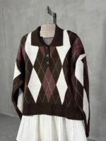 Brown Argyle Knit Polo Sweater - Image 2