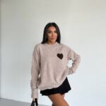 Beige Heart Patch Knit Sweater