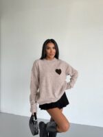 Beige Heart Patch Knit Sweater