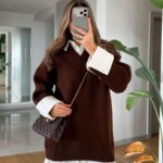 Layered Knit Shirt Dress – Brown