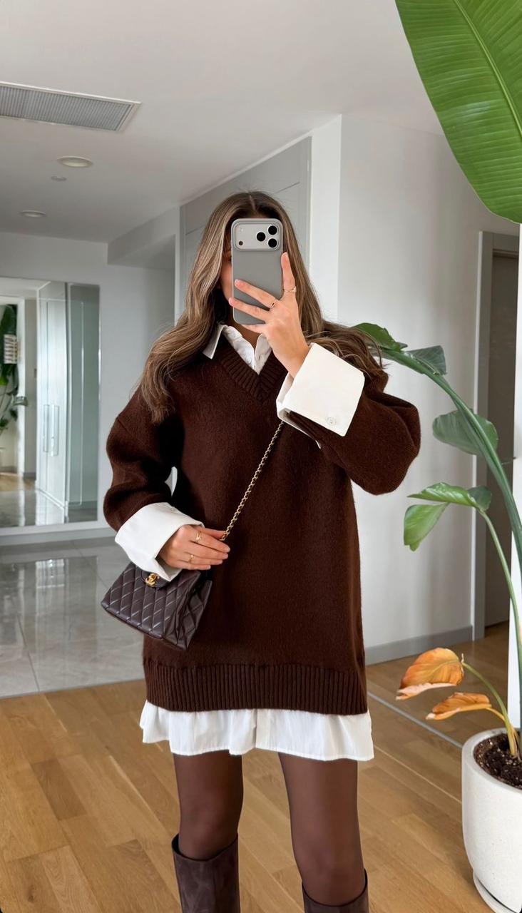 6a6c37bb-b9c7-40df-b09a-0386ee10b454 Layered Knit Shirt Dress – Brown - Image 1