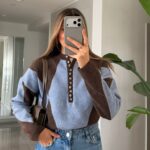 Brown and Blue Button Neck Sweater