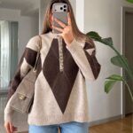 Beige Brown Argyle Knit Henley Sweater