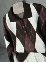 Brown Argyle Knit Polo Sweater - Image 3