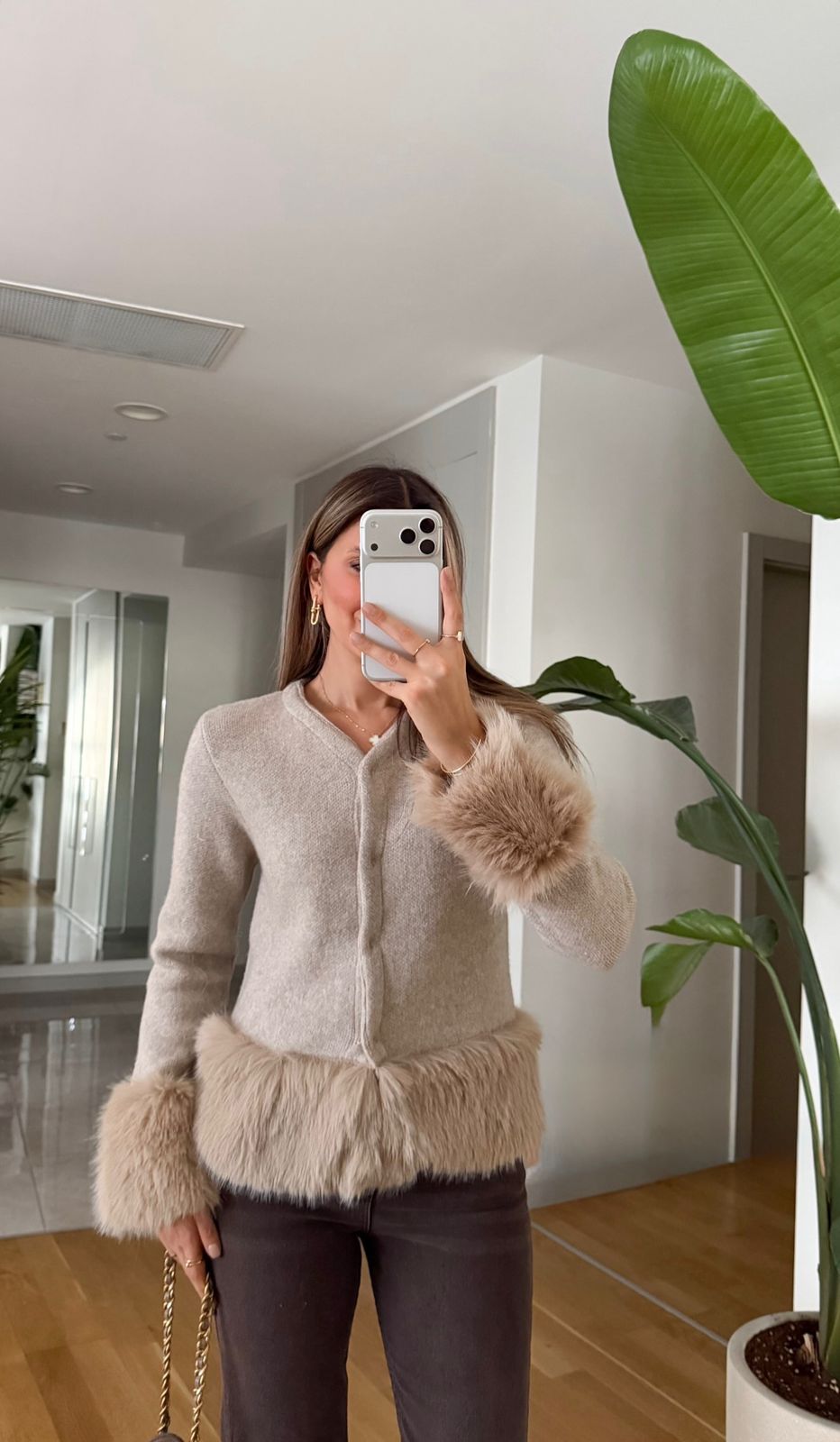 81079474-e455-4b57-ac4f-23a521e9b5c7 Sand Beige Fur - Trim Cardigan - Image 1