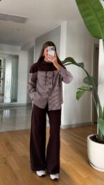 Brown Striped Button-Up Hooded Shirt - Image 2