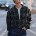 Navy Argyle Wool Zip-Up Jacket