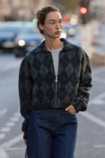 Navy Argyle Wool Zip-Up Jacket