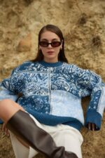 Bohemian Patterned Loose Blue Knitwear